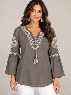 Talori Embroidered Cotton Boho Tunic Top Gray Large NWT A315